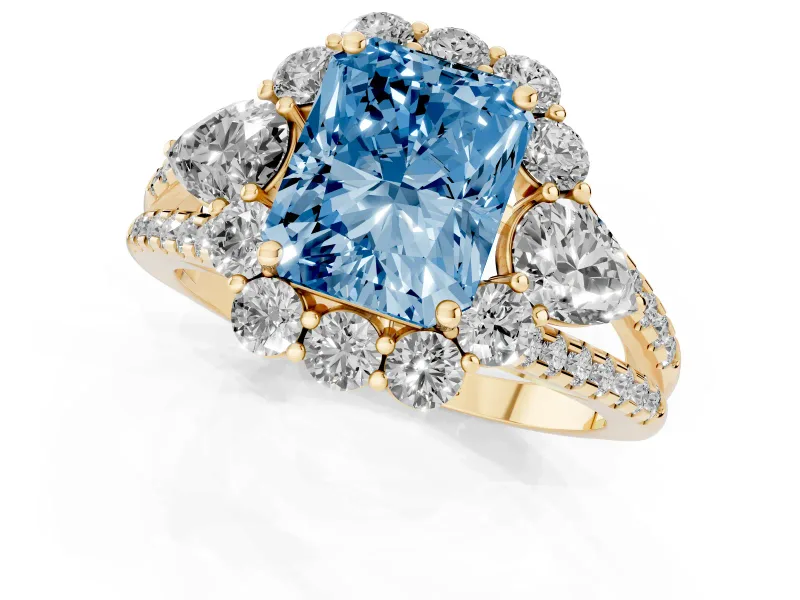 Fancy Blue Radiant Cut Diamond Halo Split Shank Engagement Ring Set in Yellow gold with Prong-Held Center Stone