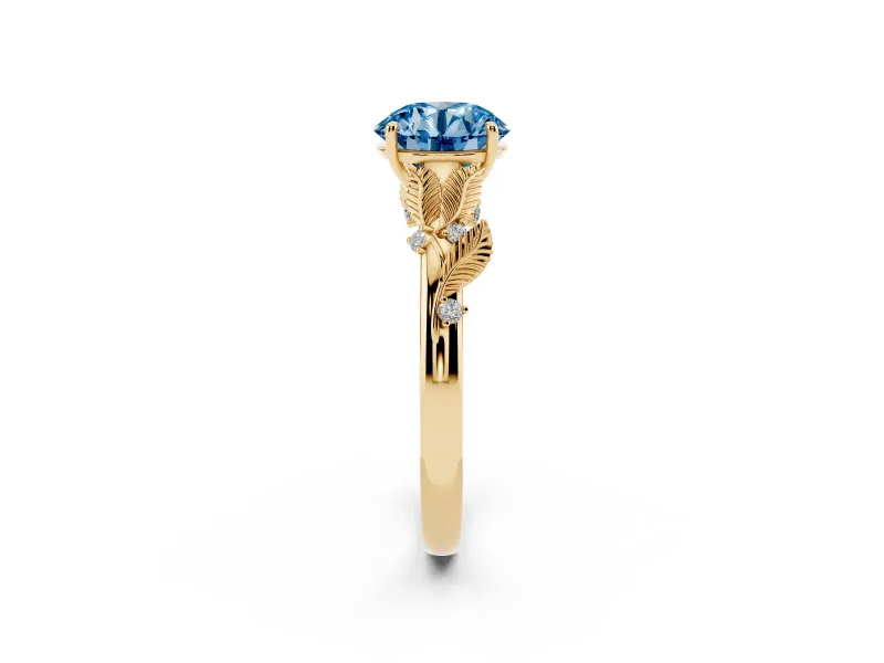 Round Leaf Solitaire Engagement Ring Setting for a Fancy Blue Lab-Grown Diamond | Yellow Gold