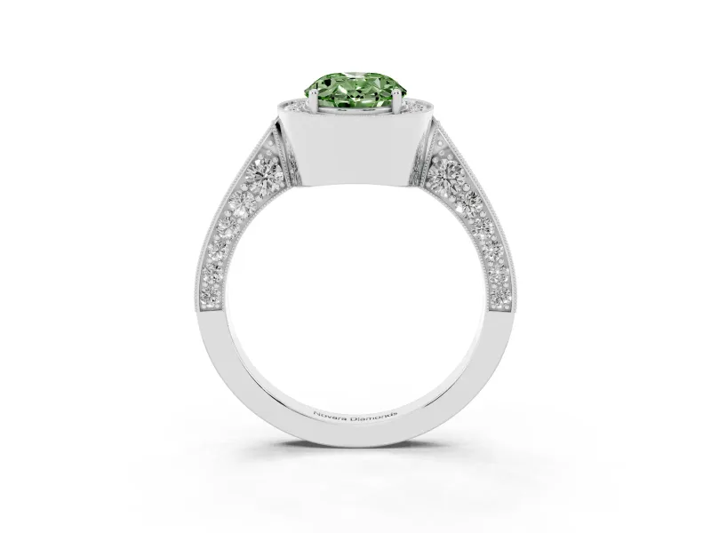 Oval Milgrain Halo Engagement Ring Setting for a Fancy Green Lab-Grown Diamond | Side Stones | Sterling Silver