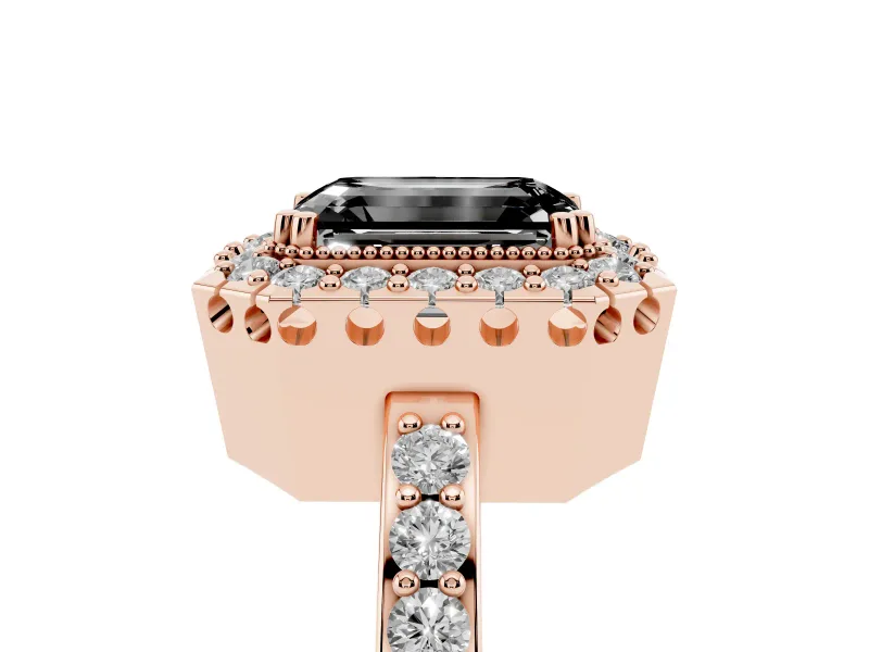 Emerald Cut Milgrain Halo Engagement Ring Setting for a Black Center | Pavé Shoulders | Rose Gold