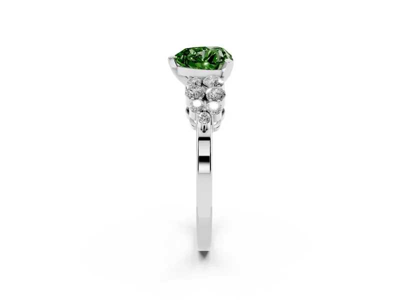 Heart-Shaped Side Stone Engagement Ring Setting for a Fancy Green Lab-Grown Diamond | Shoulder Clusters | Platinum