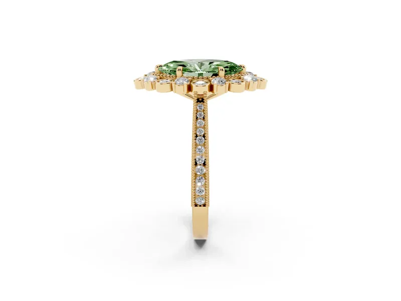 Marquise Scalloped Halo Engagement Ring Setting for a Fancy Green Lab-Grown Diamond | Milgrain Edges | Yellow Gold