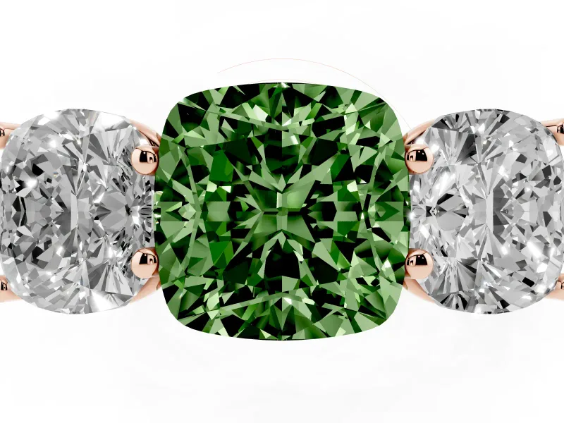 Cushion Cut Three Stone Engagement Ring Setting for a Fancy Green Lab-Grown Diamond | Basket Prong Heads | Rose Gold