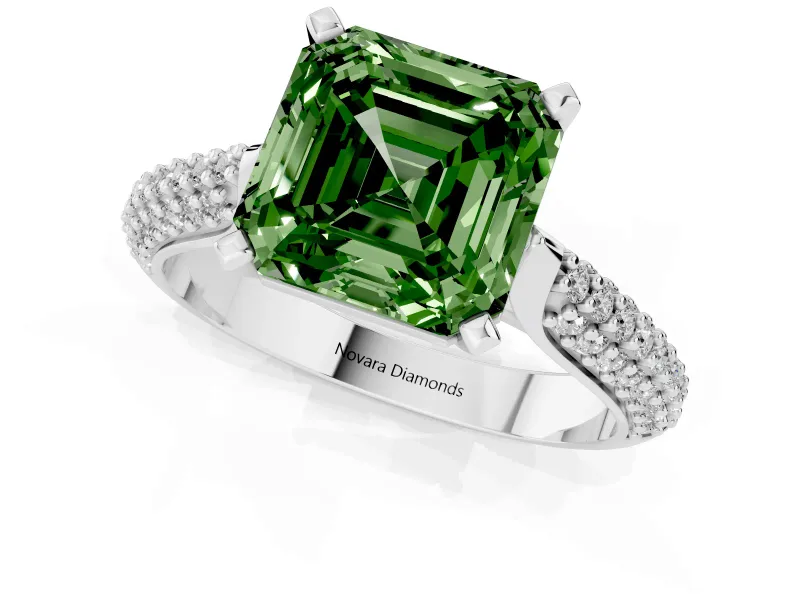 Fancy Green Asscher Cut Diamond Solitaire Engagement Ring Set in Platinum with Multi-Row Round Pavé Band and Prong Setting