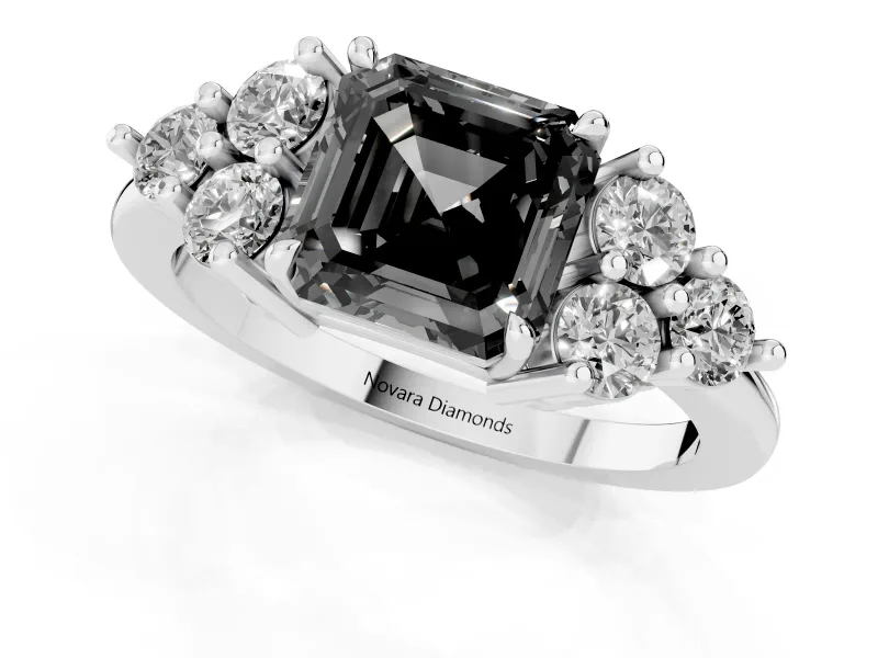 Fancy Black Asscher Cut Diamond Solitaire Ring Set in Silver with Cluster Accents on Each Side