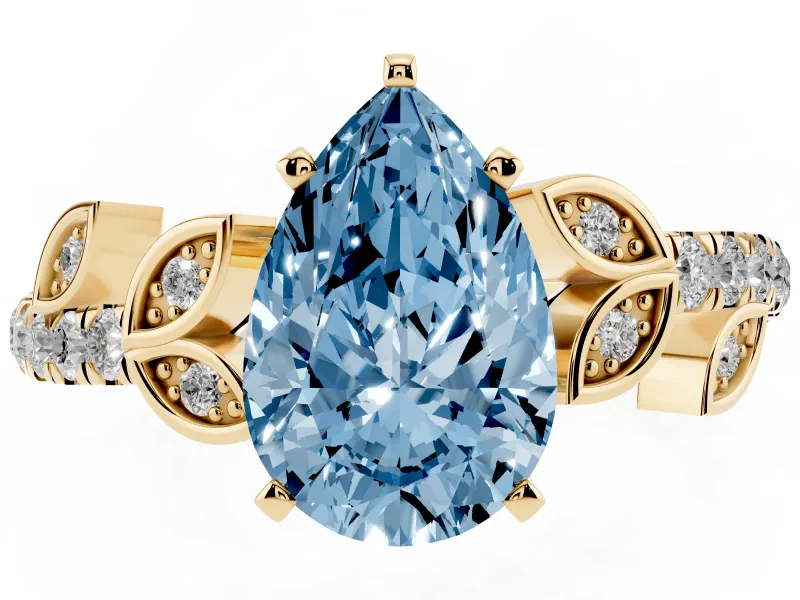 Fancy Blue Pear Cut Diamond Solitaire Leaf-Inspired Ring Set in Yellow gold with Pavé Band and Prong Setting