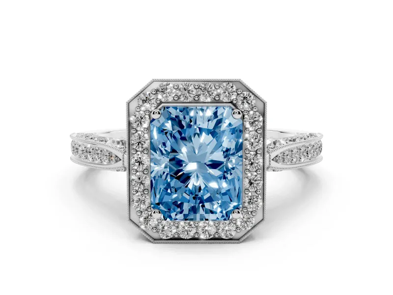 Fancy Blue Radiant Cut Diamond Halo Engagement Ring Set in White gold with Accent Split Shank Band
