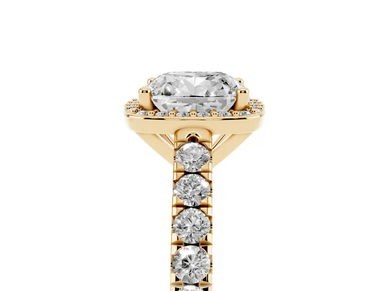 Cushion Cut Halo Pavé Engagement Ring Setting | Single Row Shoulders | Yellow Gold