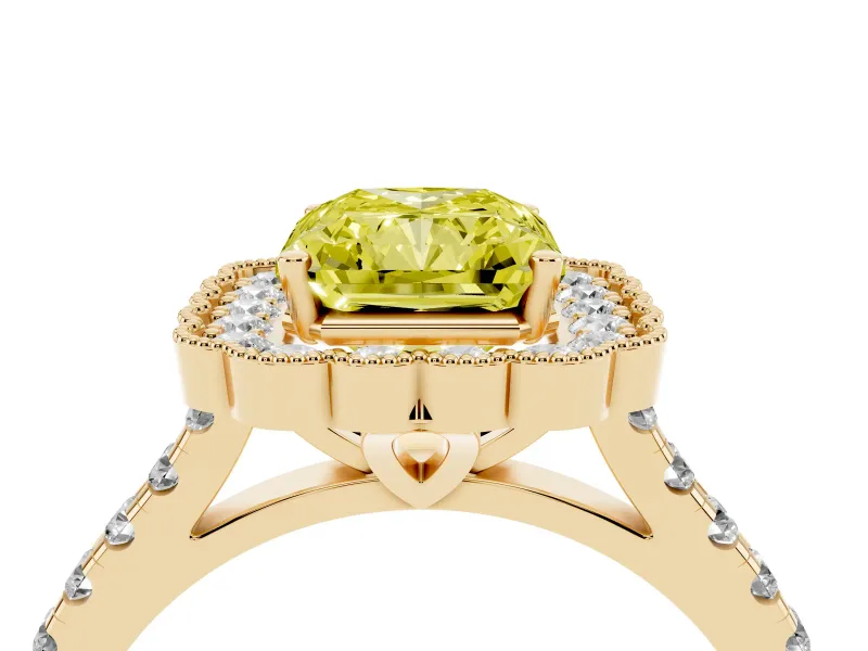 Fancy Yellow Radiant Cut Diamond Milgrain Floral Halo Engagement Ring Set in Yellow gold with Pavé Band