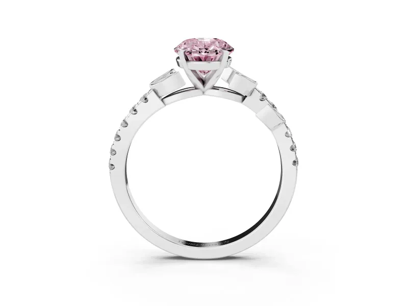 Fancy Pink Oval Cut Diamond Solitaire Leaf-Inspired Ring Set in Silver with Pavé Band and Prong Setting