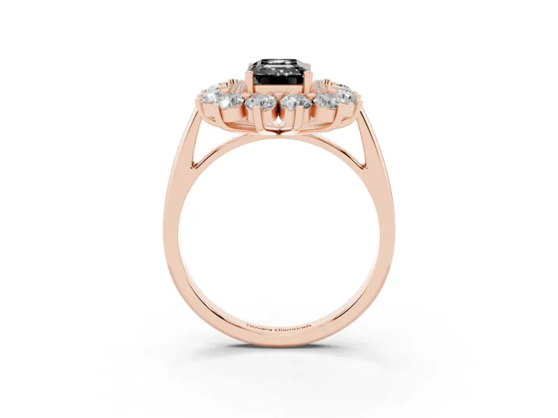 Emerald Cut Floral Double Halo Engagement Ring Setting for a Black Center | Plain Band | Rose Gold