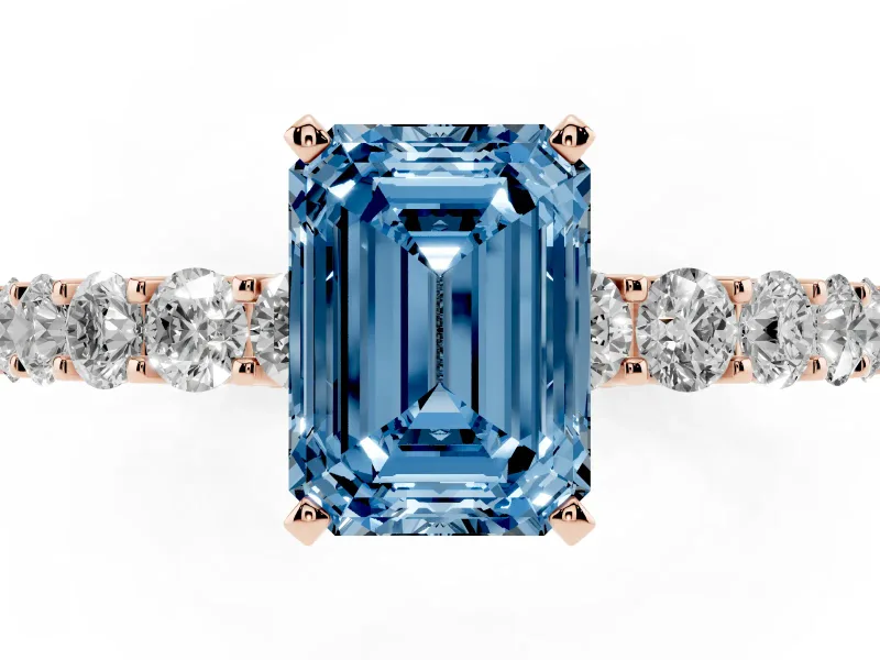 Emerald Cut Shared Prong Engagement Ring Setting for a Fancy Blue Lab-Grown Diamond | Rose Gold