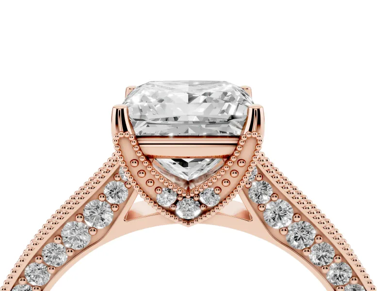 Princess Cut Vintage Hidden Halo Engagement Ring Setting | Milgrain Pave Band | Rose Gold