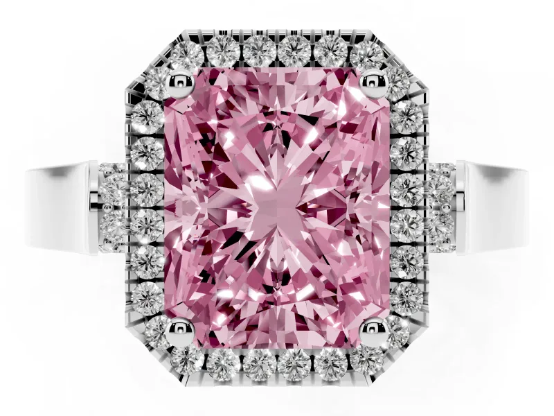 Radiant Cut Halo Engagement Ring Setting for a Fancy Pink Lab-Grown Diamond | Pavé Panel Shoulders | Platinum