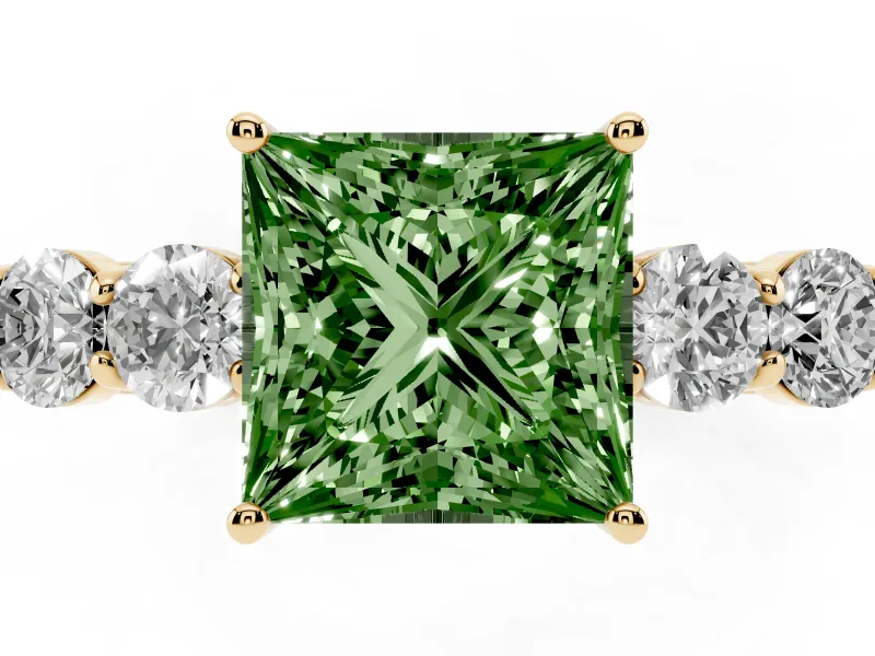 Princess Cut 5 Stone Engagement Ring Setting for a Fancy Green Lab-Grown Diamond | Yellow Gold