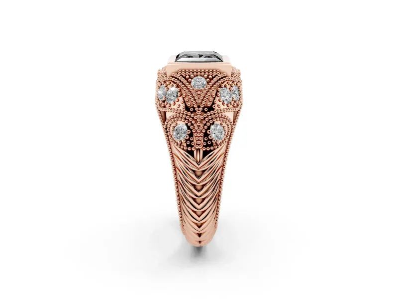 Fancy Black Princess Cut Diamond Bezel Ring Set in Rose gold with Milgrain Accent Band