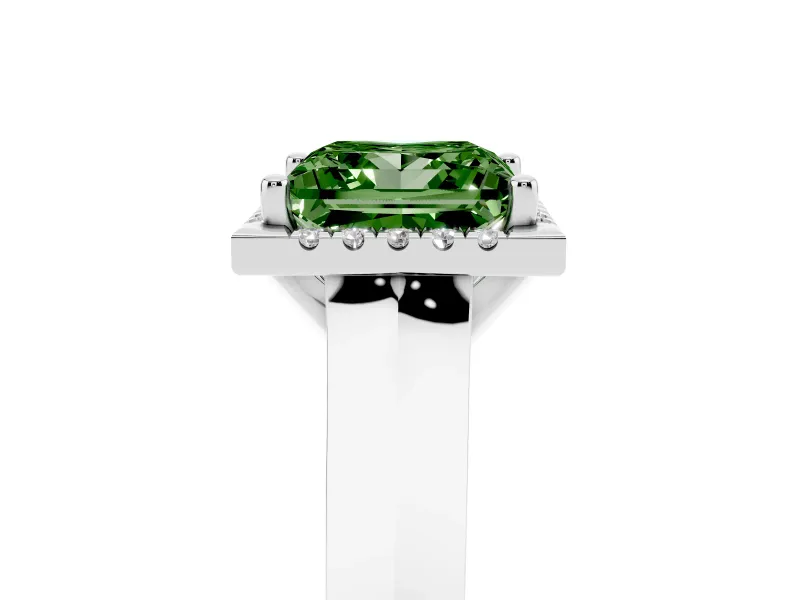 Fancy Green Princess Cut Diamond Halo Ring Set in Silver with Cathedral Band and Prong Setting