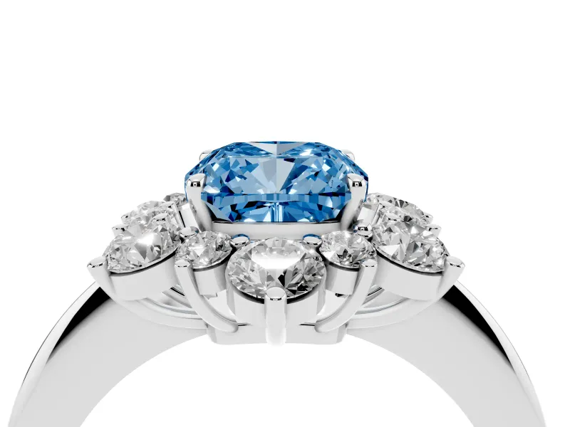 Cushion Cut Cluster Halo Engagement Ring Setting for a Fancy Blue Lab-Grown Diamond | Two-Size Accents | Sterling Silver