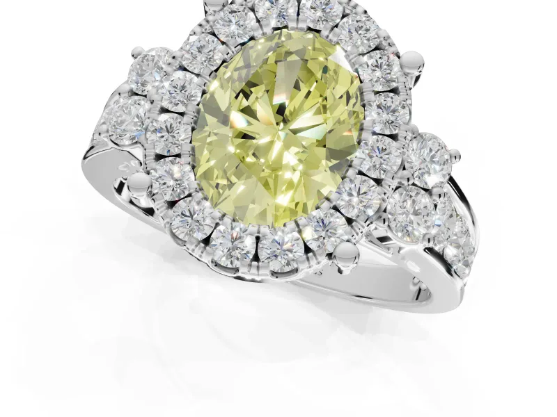 Oval Halo Engagement Ring Setting for a Fancy Yellow Lab-Grown Diamond | Side Clusters | White Gold