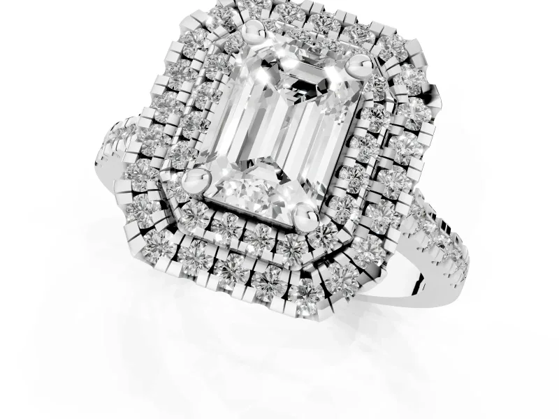 Emerald Cut Double Halo Engagement Ring Setting | Pave Shoulders | White Gold