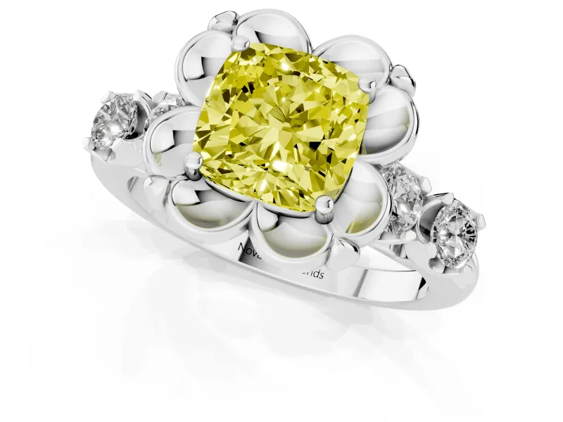 Cushion Cut Floral Engagement Ring Setting for a Fancy Yellow Lab-Grown Diamond | Petal Frame | White Gold