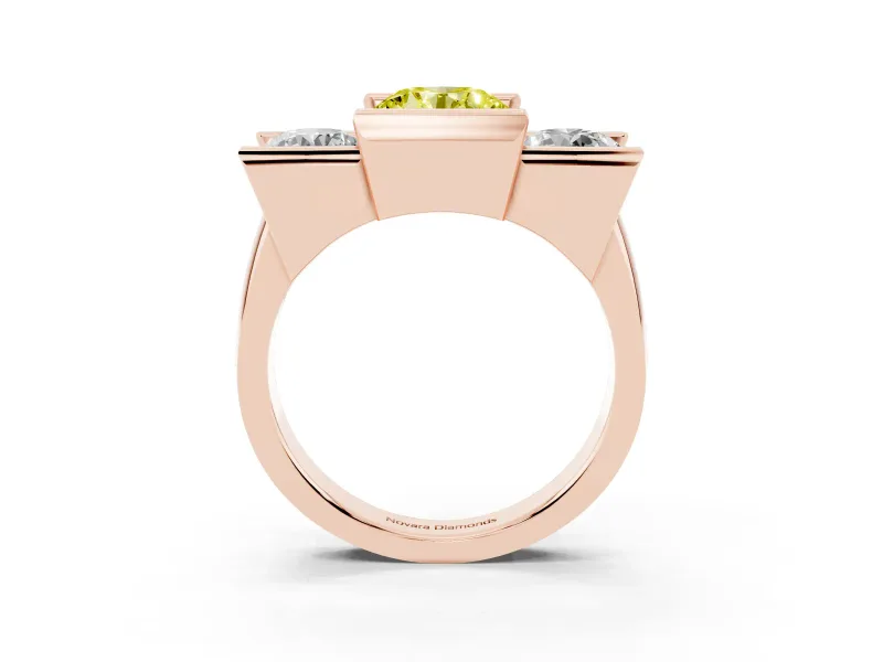 Fancy Yellow Round Cut Diamond Three-Stone Channel Set Ring Set in Rose gold with Smooth Polished Band
