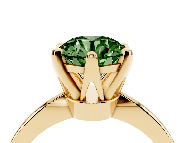 Fancy Green Round Cut Diamond Solitaire Engagement Ring Set in Yellow gold with Slim Tapered Solitaire Band