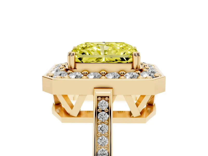 Radiant Cut Halo Engagement Ring Setting for a Fancy Yellow Lab-Grown Diamond | Polished Halo Rim | Yellow Gold