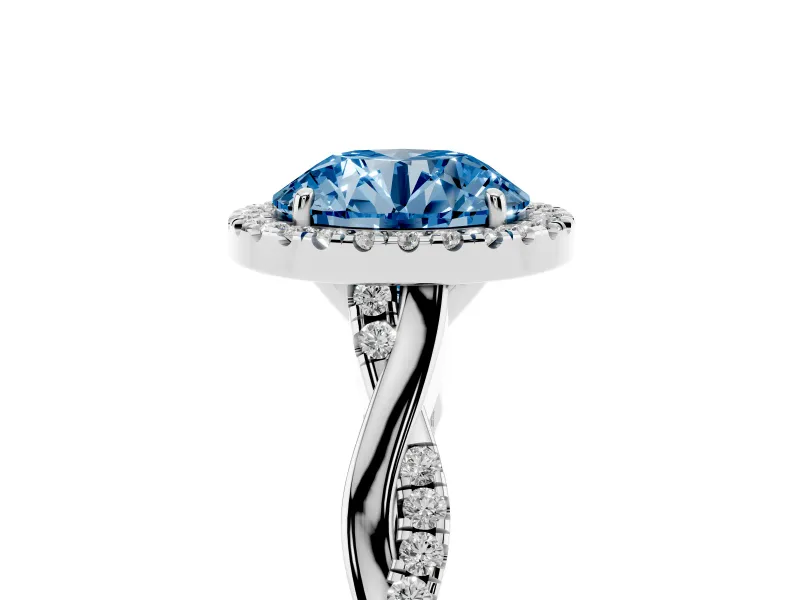 Round Halo Engagement Ring Setting for a Fancy Blue Lab-Grown Diamond | Pavé Twist Band | White Gold