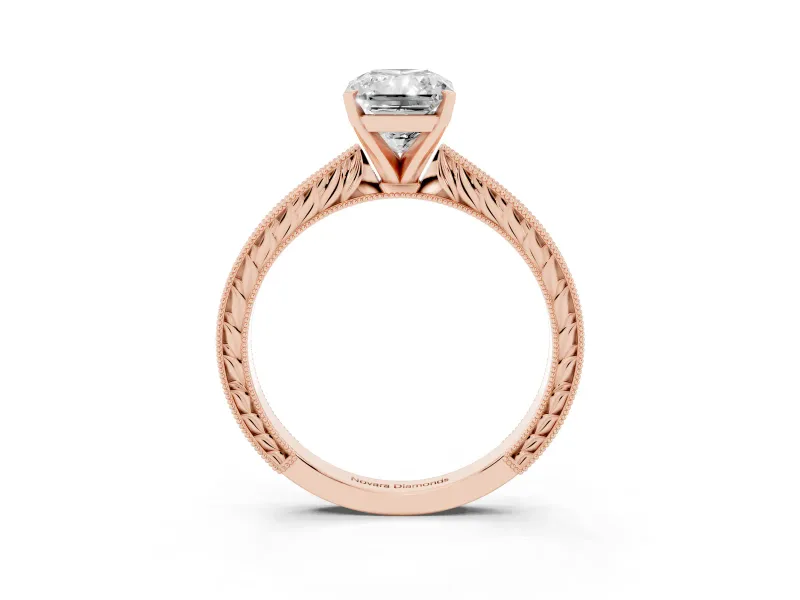 Radiant Cut Diamond Solitaire Milgrain Engraved Band Set in Rose gold with Prong Setting