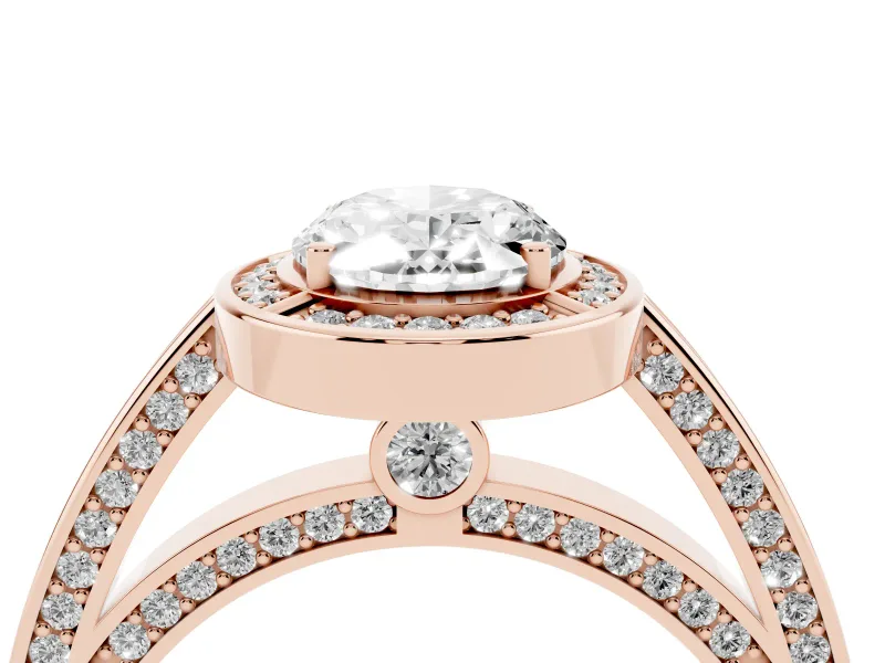 Oval Cut Diamond Halo Pavé Split Shank Ring Set in Rose gold with Prong Setting