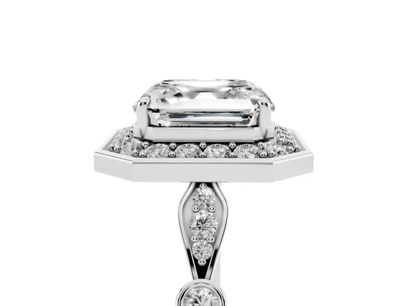 Asscher Cut Vintage Halo Engagement Ring Setting | Bezel Station Shoulders | Sterling Silver