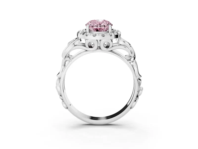 Fancy Pink Oval Cut Diamond Halo Ring Set in White gold with Scrollwork Band and Prong Setting