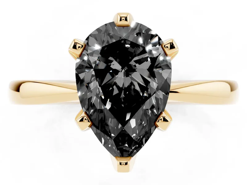 Fancy Black Pear Cut Diamond Solitaire Engagement Ring Set in Yellow gold with Slim Tapered Solitaire Band