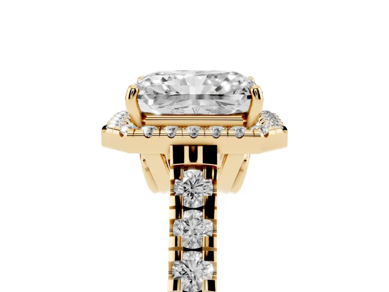 Radiant Cut Halo Engagement Ring Setting | Shared Prong Shoulders | Yellow Gold