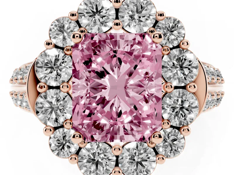 Radiant Cut Large Accent Halo Engagement Ring Setting for a Fancy Pink Lab-Grown Diamond | Rose Gold