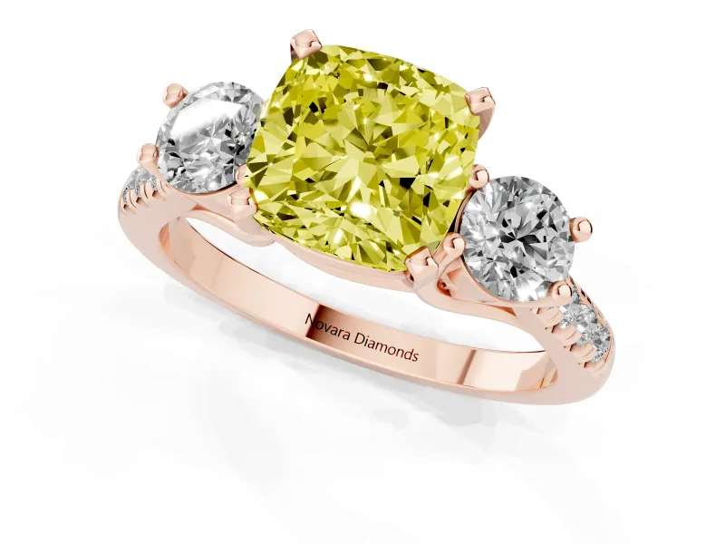 Cushion Cut Three-Stone Engagement Ring Setting for a Fancy Yellow Lab-Grown Diamond | Rose Gold