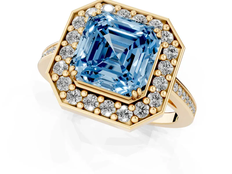 Asscher Cut Halo Engagement Ring Setting for a Fancy Blue Lab-Grown Diamond | Polished Halo Rim | Yellow Gold