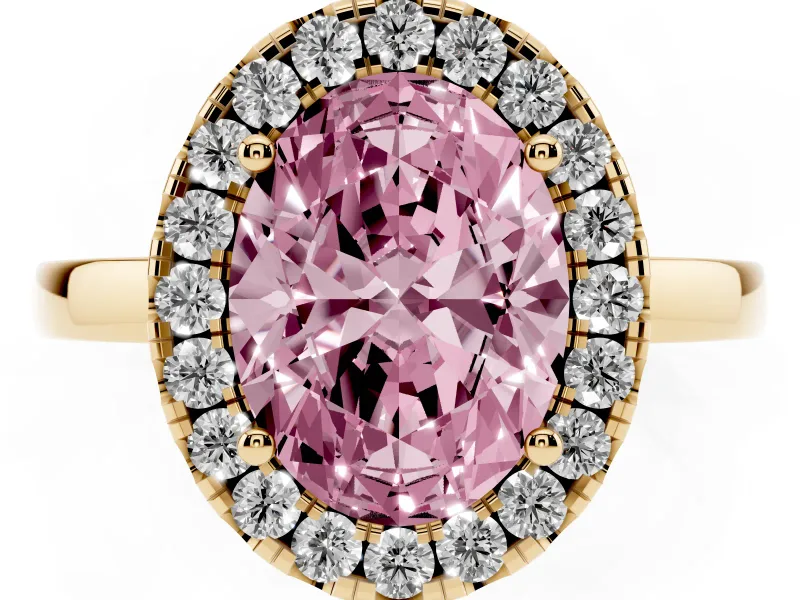 Fancy Pink Oval Cut Diamond Halo Solitaire Ring Set in Yellow gold with Pavé Band and Prong Setting