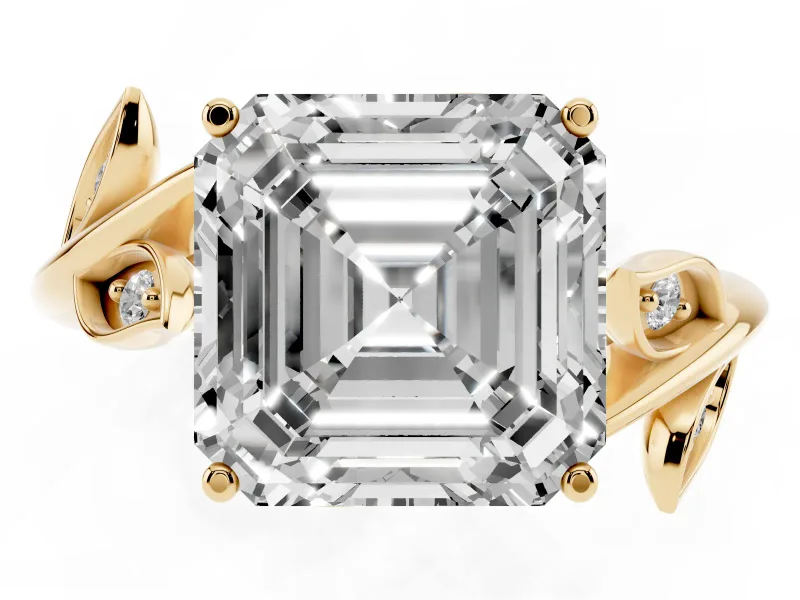Asscher Cut Twisted Bypass Engagement Ring Setting | Accented Leaves | Yellow Gold