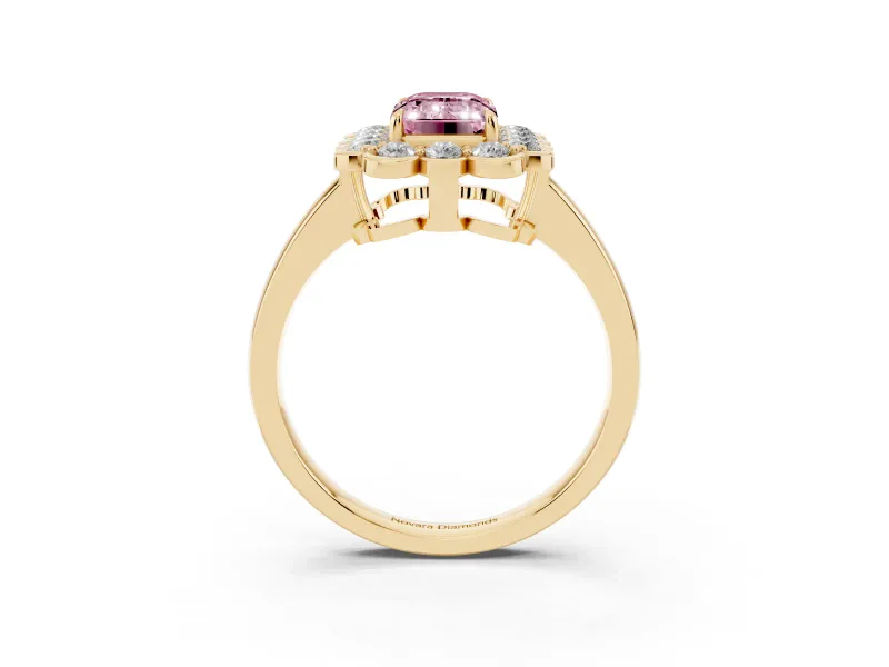 Emerald Cut Scalloped Cluster Halo Engagement Ring Setting for a Fancy Pink Lab-Grown Diamond | Plain Band | Yellow Gold