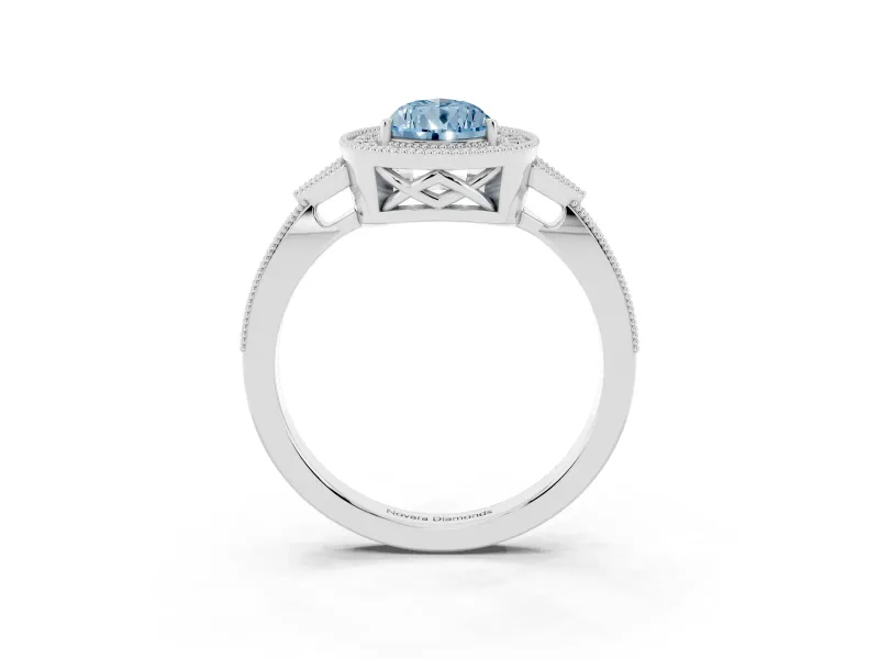 Fancy Blue Pear Cut Diamond Halo Engagement Ring Set in White gold with Milgrain Pavé Band