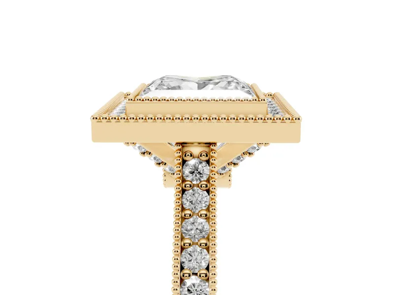 Princess Cut Vintage Milgrain Halo Engagement Ring Setting | Bezel Head | Yellow Gold