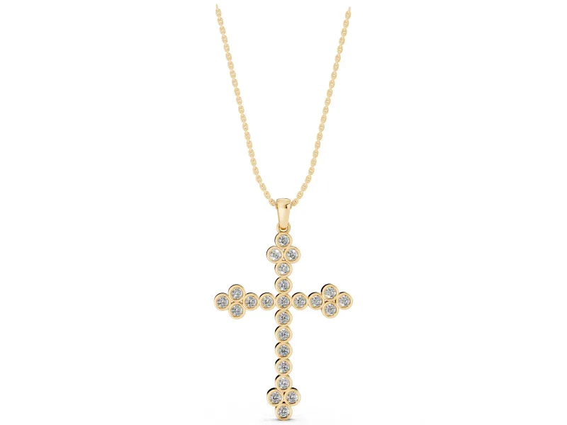 Round Lab-Grown Diamond Bezel Cross Pendant Necklace | Trefoil Ends | Yellow Gold