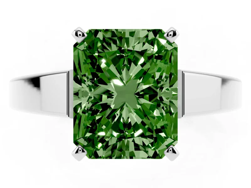 Fancy Green Radiant Cut Diamond Solitaire Engagement Ring Set in Platinum with Prong Setting and Tapered Band