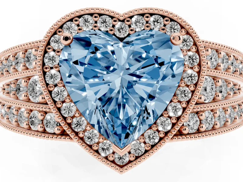 Fancy Blue Heart Cut Diamond Halo Ring Set in Rose gold with Accent Split Shank and Prong Setting