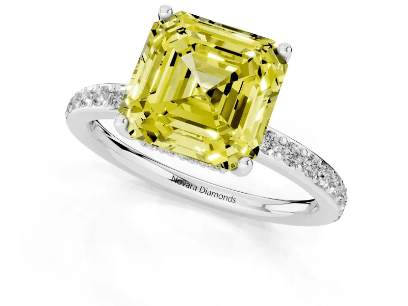Fancy Yellow Asscher Cut Diamond Pavé Band Ring Set in Platinum with Prong-Set Center Stone