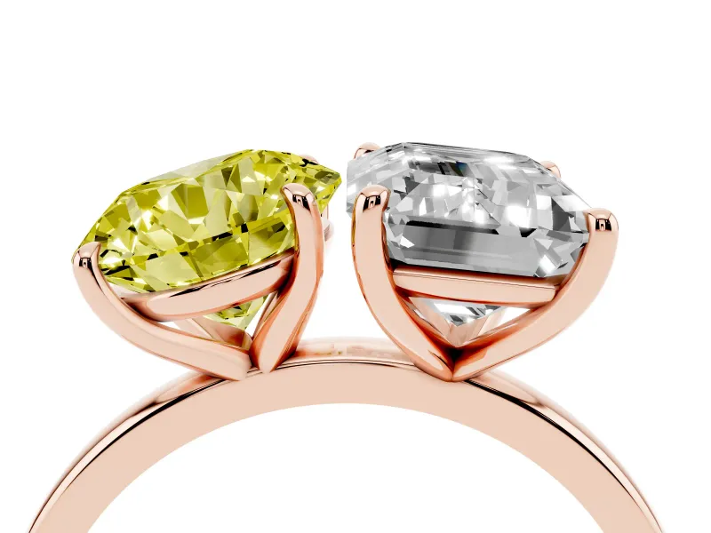 Fancy Yellow Round Cut and Emerald Cut Toi Moi Ring Set in Rose gold with Prong Setting