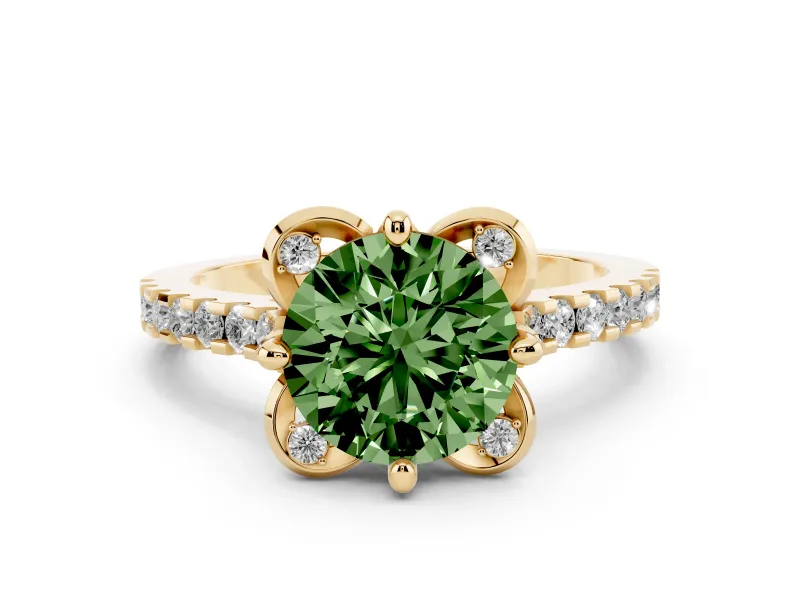 Fancy Green Round Cut Diamond Solitaire Ring Set in Yellow gold with Pavé Band and Floral Prong Setting