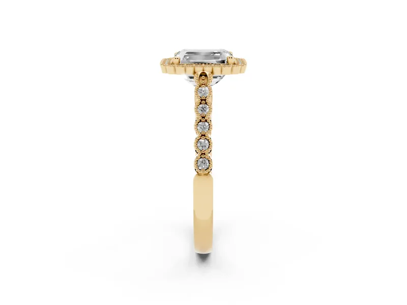 Radiant Cut Vintage Milgrain Halo Engagement Ring Setting | Beaded Pavé Shoulders | Yellow Gold